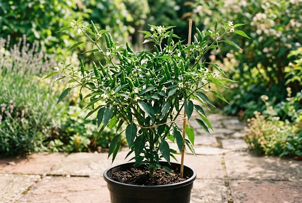 Bushy Capsicum annuum chili plant in a nursery pot loaded with open flowers and small green pods in soft morning light