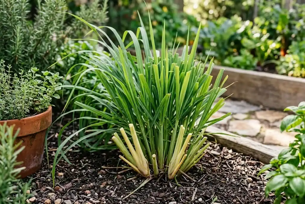 Healthy lemongrass clump with mature outer stems removed and new green center shoots growing