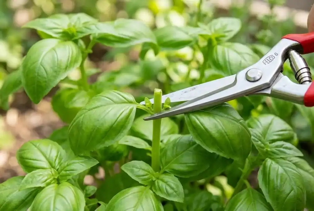 Clean garden snips trimming a sweet basil stem above a leaf node to encourage branching growth