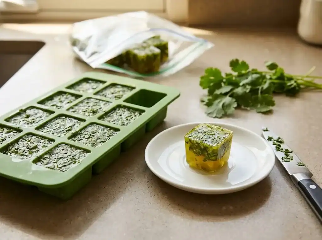 Silicone ice cube tray filled with chopped cilantro in olive oil, with one cube lifted onto a plate