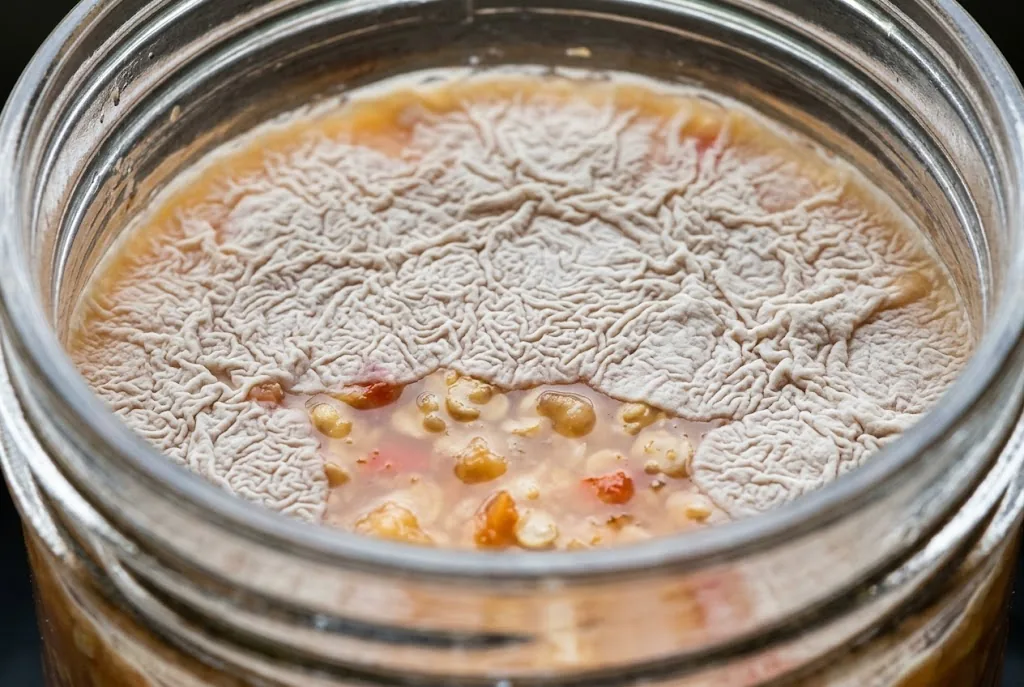 Close-up of a thin dry white kahm yeast pellicle on the surface of fermenting chili mash inside a glass jar