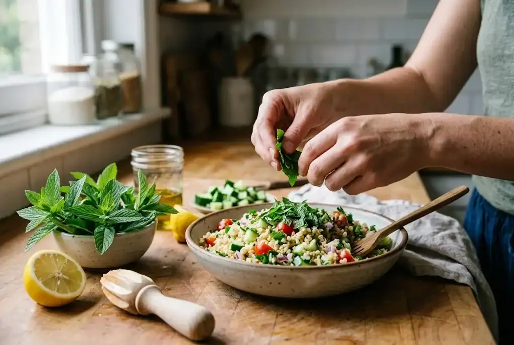 Fresh spearmint leaves being added to a cucumber grain salad