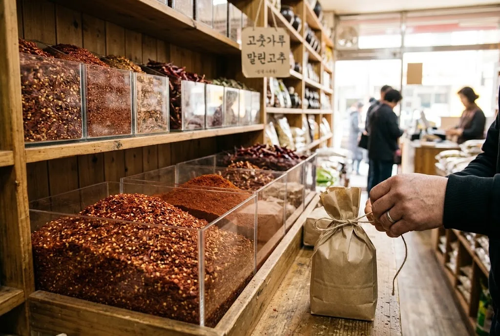 Korean grocery shop aisle with bins of coarse and fine gochugaru on a wall display