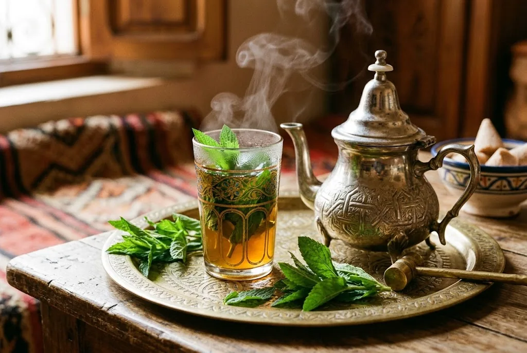 Moroccan tea glass filled with steaming golden green tea and fresh spearmint leaves beside an etched teapot