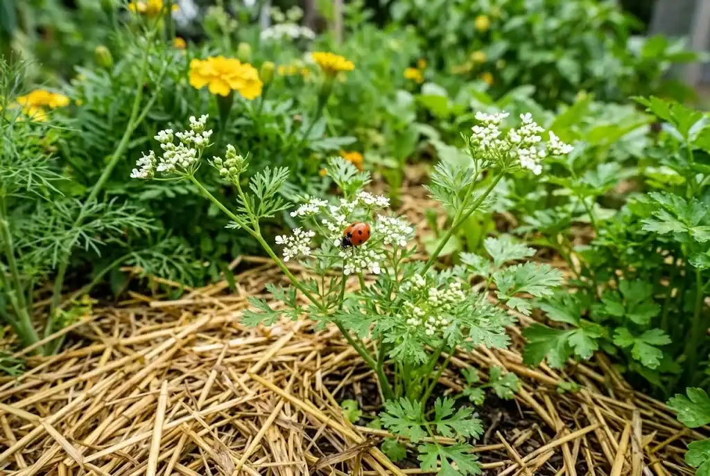 A beneficial ladybug resting on blooming cilantro umbels surrounded by protective straw mulch in an organic garden