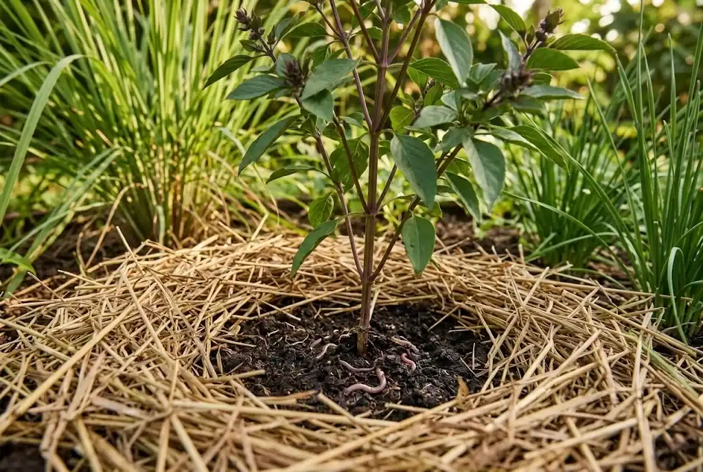 A thin layer of dry sugarcane straw mulch pulled back from the purple stem of a Thai basil plant in a tropical herb bed