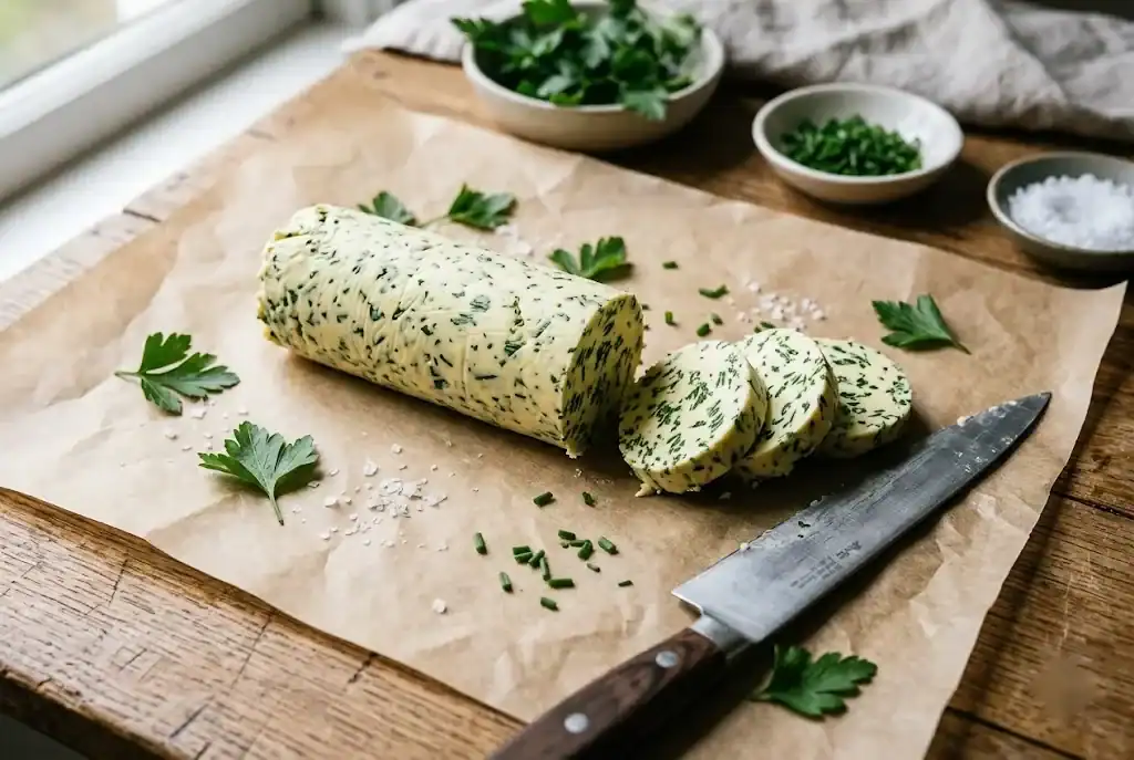 Chilled cylinder and clean slices of herb compound butter studded with minced parsley and chives