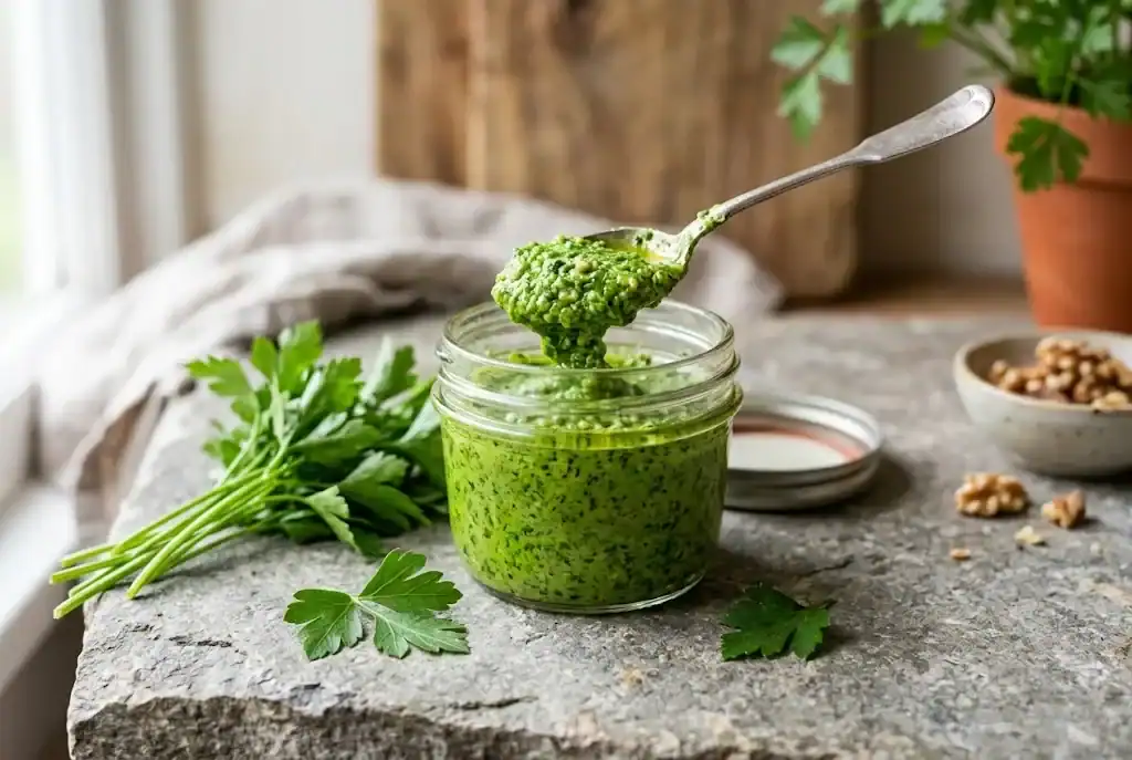 A glass jar of bright green parsley pesto with a spoon