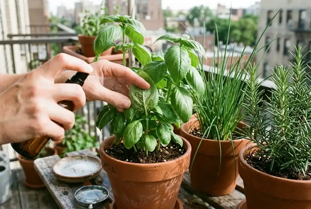 A soft spray of water hitting the underside of a basil leaf to dislodge aphids, with chives and rosemary in nearby pots and a small dish of soapy water at the edge of the frame.