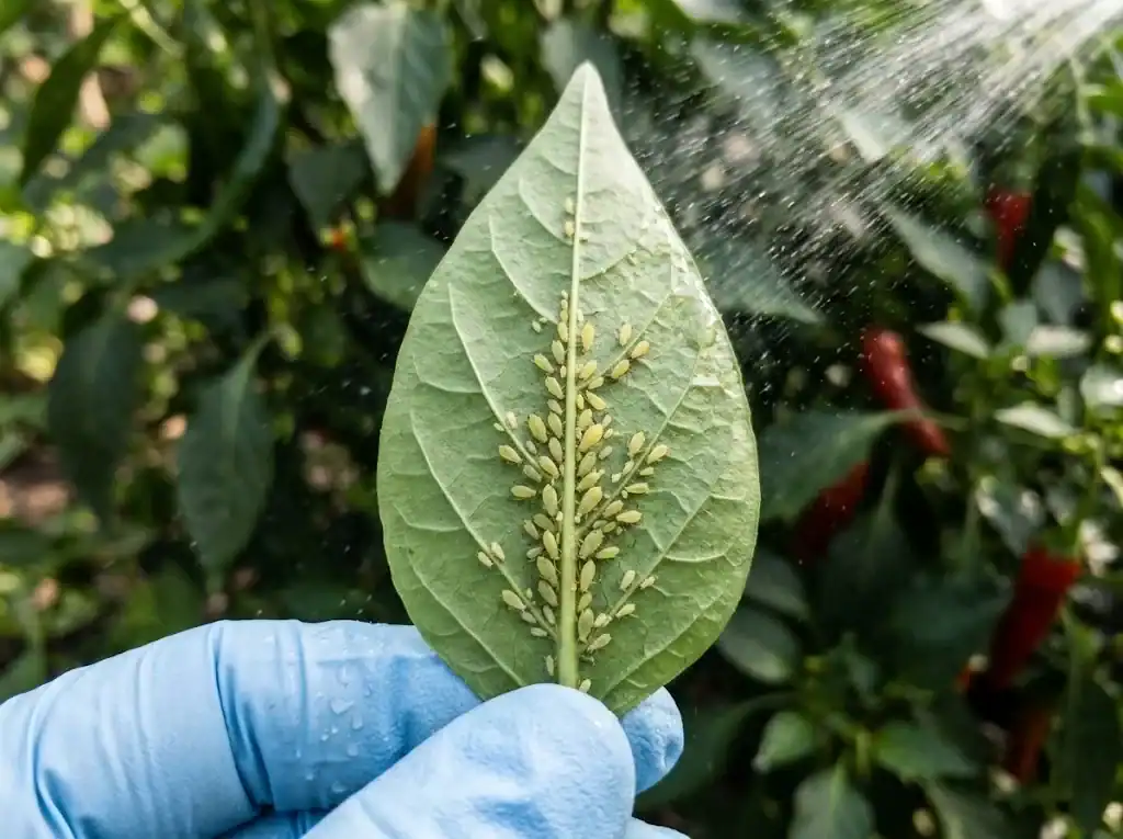 Aphid colony on the underside of a red chili pepper leaf being washed off with a spray of water