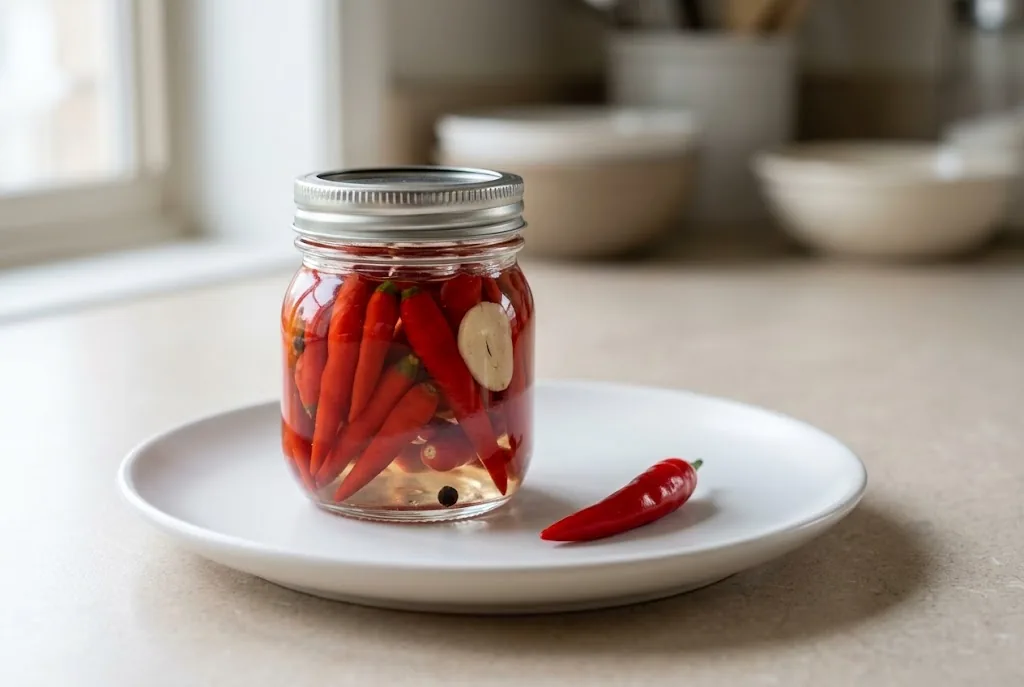 A small clear glass jar of pickled Thai bird's eye pods in vinegar brine with garlic and peppercorn, beside a fresh ripe red pod on a white plate
