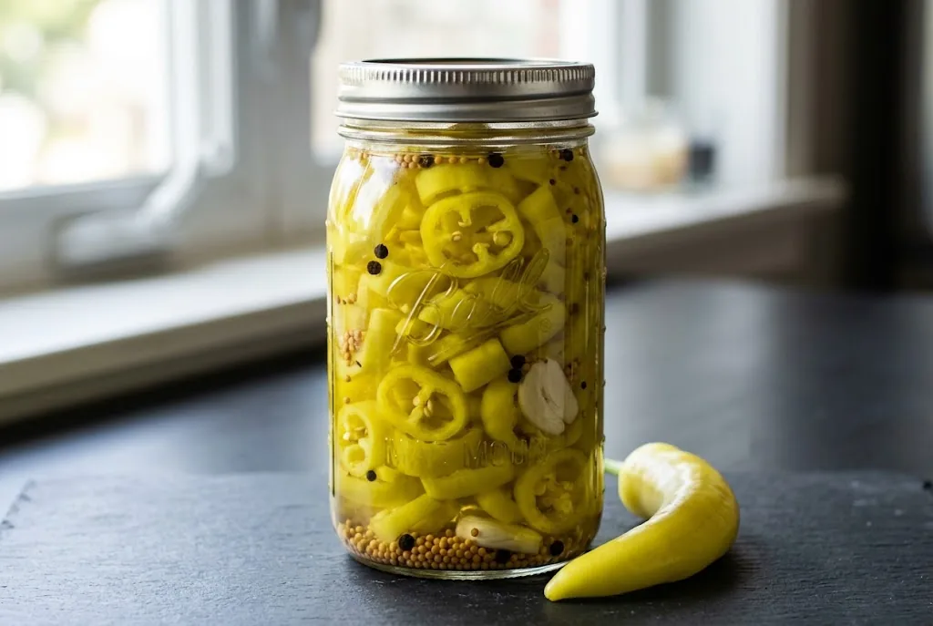 Glass canning jar packed with sliced yellow pickled banana pepper rings in clear brine
