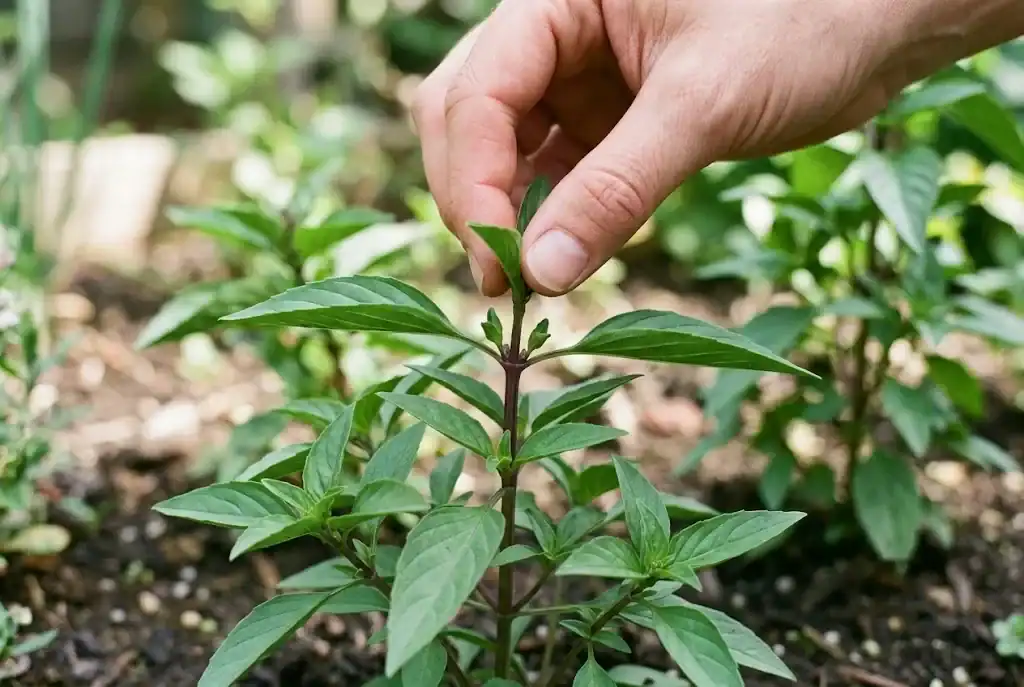 Close-up of gardener fingers pinching the center growing shoot of an Asian basil plant above a leaf node
