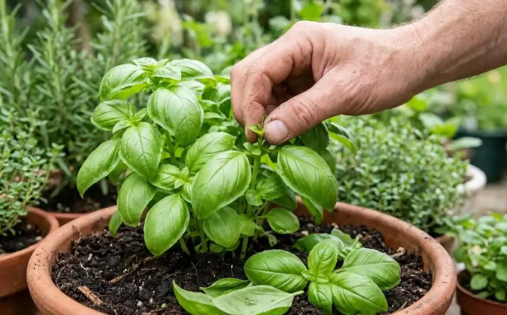 Close-up of fingers pinching back the growing tip of a Genovese basil plant.