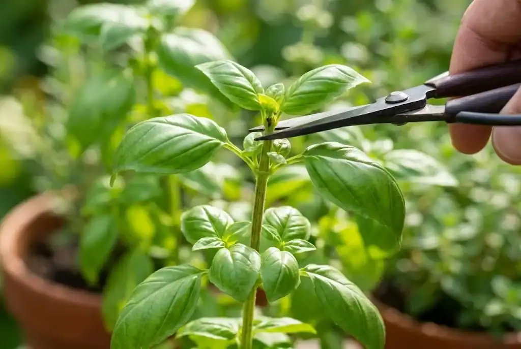 Garden snips pinching the top leaf node of a young sweet basil plant to promote branching