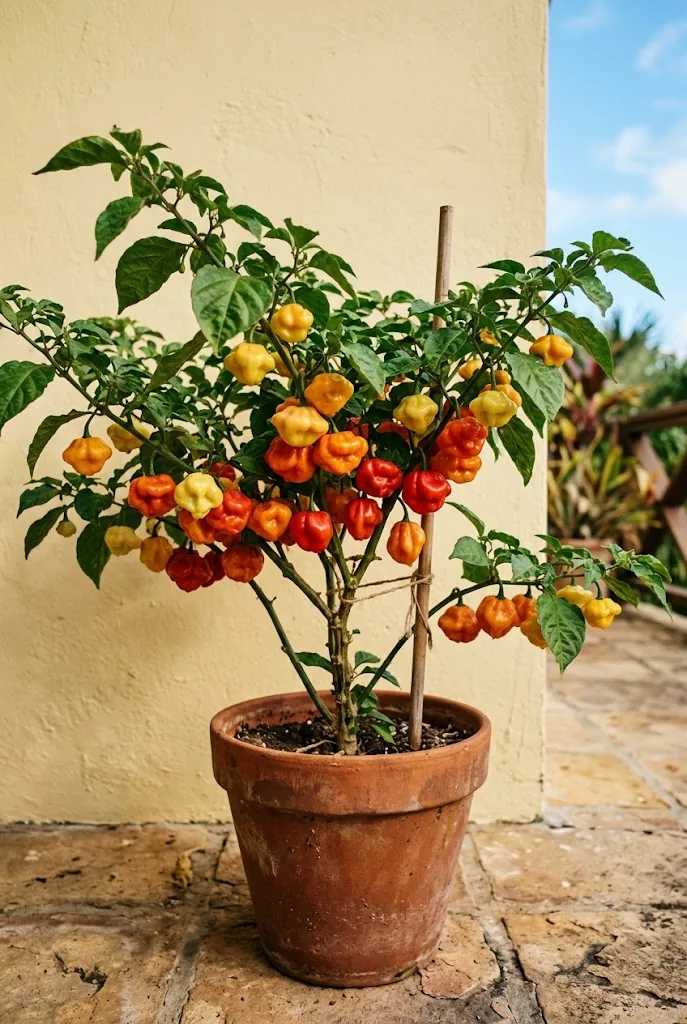 Mature Capsicum chinense scotch bonnet plant in a terracotta pot on a sunny Caribbean patio, bearing heavy crop of squat tam o'shanter shaped pods in yellow orange and red against a pale yellow wall
