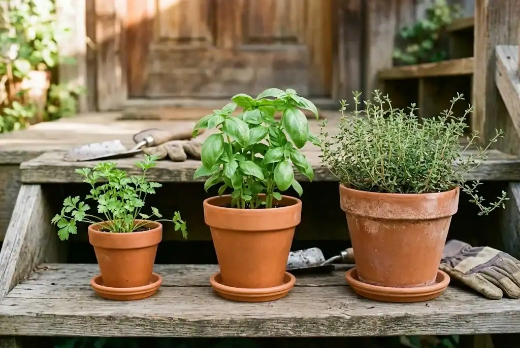 Three terracotta pots of different sizes holding parsley, basil, and thyme on a sunlit back step with a small trowel