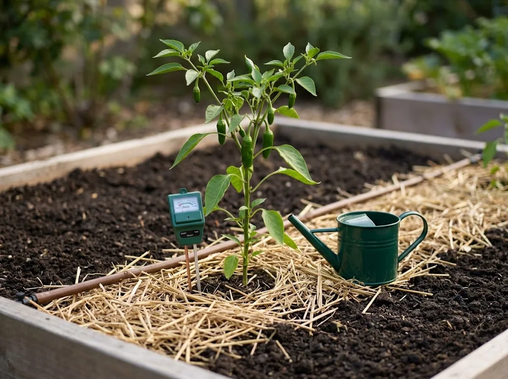 Low raised garden bed with a drip irrigation line, straw mulch and a soil moisture meter probe around the base of a young chili plant