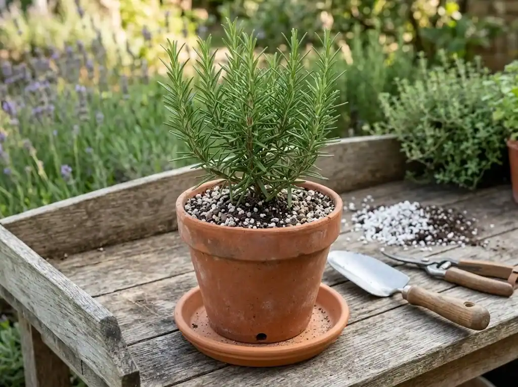 Terracotta pot filled with well-drained potting mix and healthy rosemary showing drainage holes and saucer