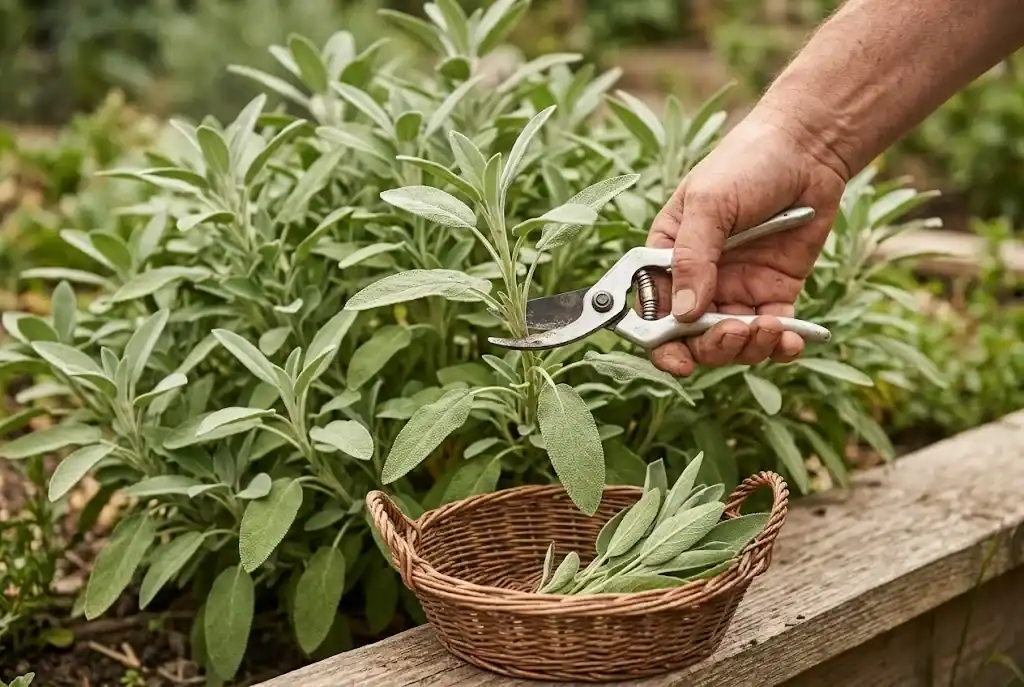 Hand using bypass pruners to cut back a sage stem into a wicker basket