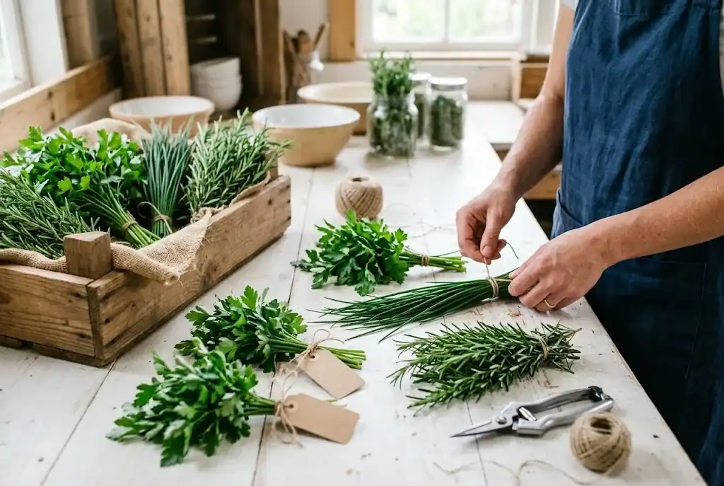 Fresh parsley, chives, and rosemary sorted into neat small bunches with blank labels