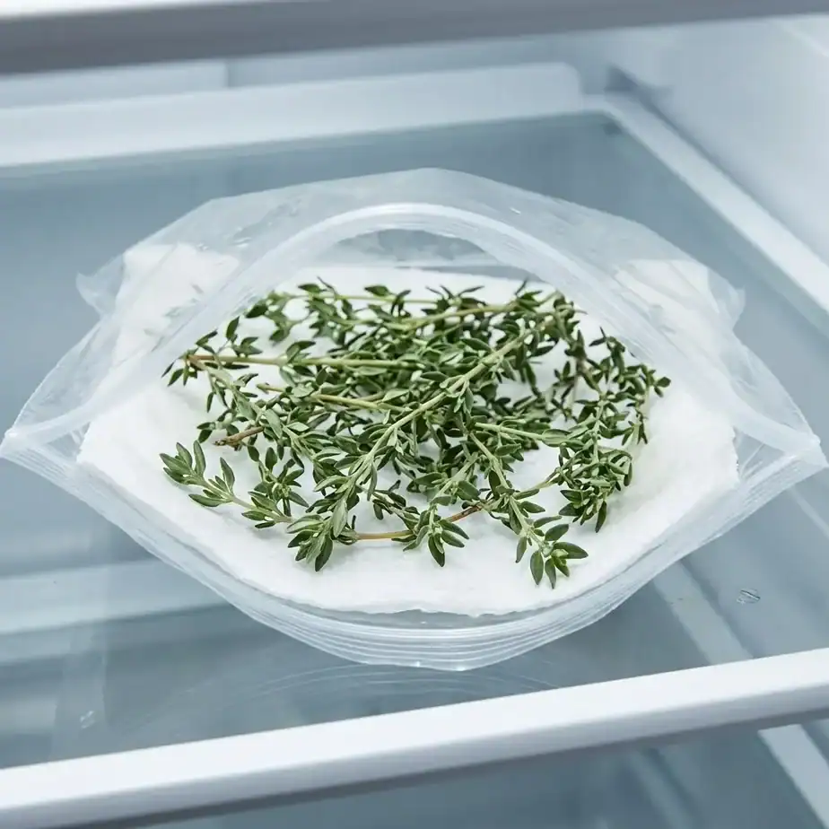 An open zip-top plastic bag lined with a slightly damp paper towel holding a few fresh thyme sprigs