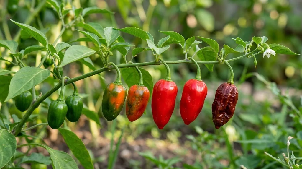 A single jalape??o plant branch with green unripe, orange-red turning, fully ripe red, and overripe deep dark red pods at different stages.