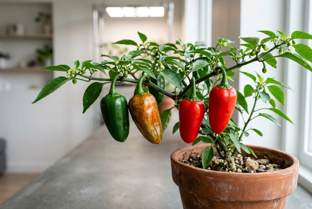 Living indoor chili pepper branch displaying dark green, ripening orange, and fully ripe red pods together