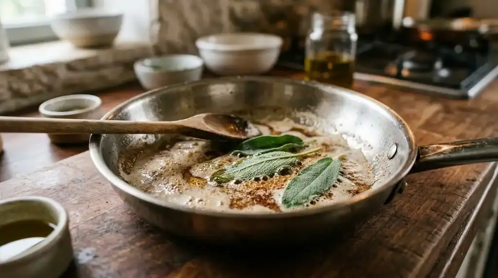 Whole sage leaves crisping in browned butter in a small skillet