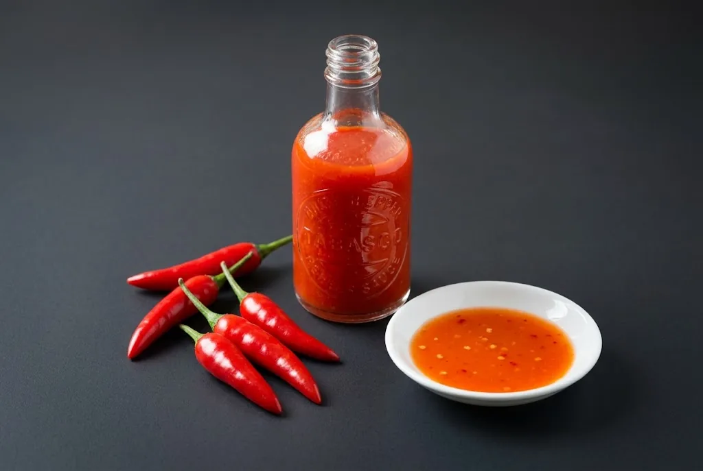 Glass bottle of aged red pepper hot sauce beside fresh ripe red tabasco peppers on dark ceramic tabletop