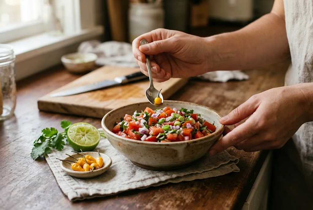 A single tiny yellow pepper added to a bowl of fresh salsa