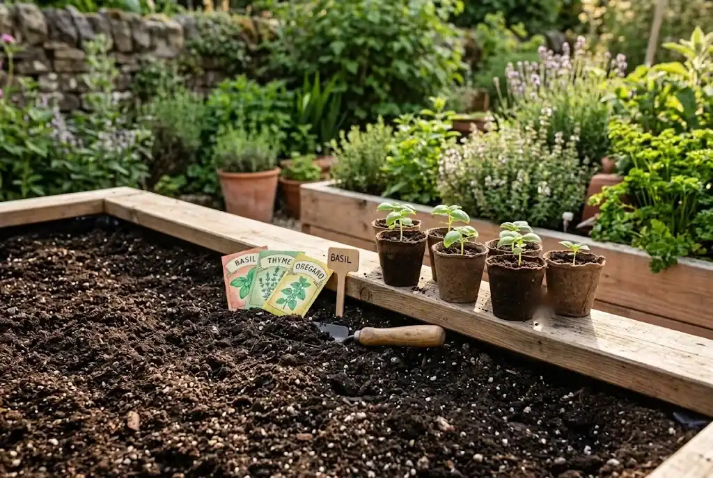 Raised garden bed with loose dark organic soil mix, herb seedling peat pots, and seed packets