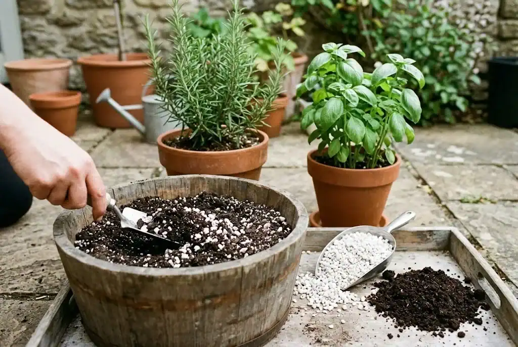 Hands mixing perlite and compost into potting soil in a wooden tub for a home herb container