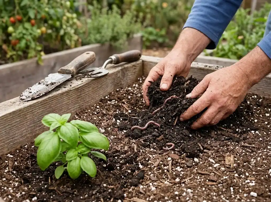 Compost being worked into garden soil inside a raised bed with a young basil transplant set in one corner