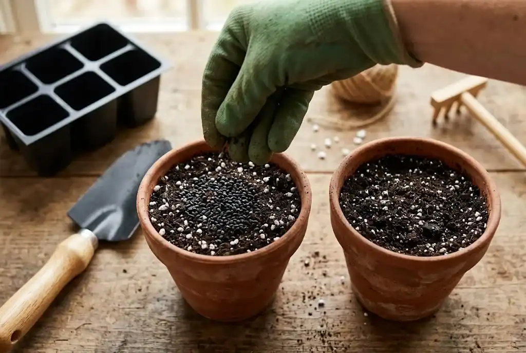 A gloved hand broadcasting a pinch of black basil seeds into a four-inch terracotta starter pot filled with perlite-mixed potting soil on a clean potting bench.