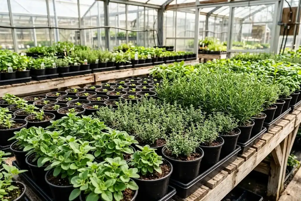 Wooden greenhouse nursery benches filled with potted herb starts in four-inch containers for spring sales