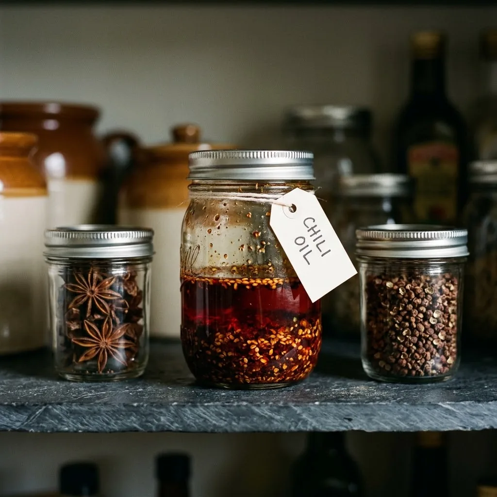 Small clear glass mason jar with metal lid of finished homemade chili oil glowing deep red on a cool dark stone pantry shelf with a small handwritten paper tag reading CHILI OIL tied with twine