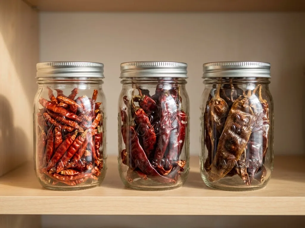 Three small glass mason jars with airtight lids filled with dried cayenne, chile de árbol, and guajillo pods on a pantry shelf