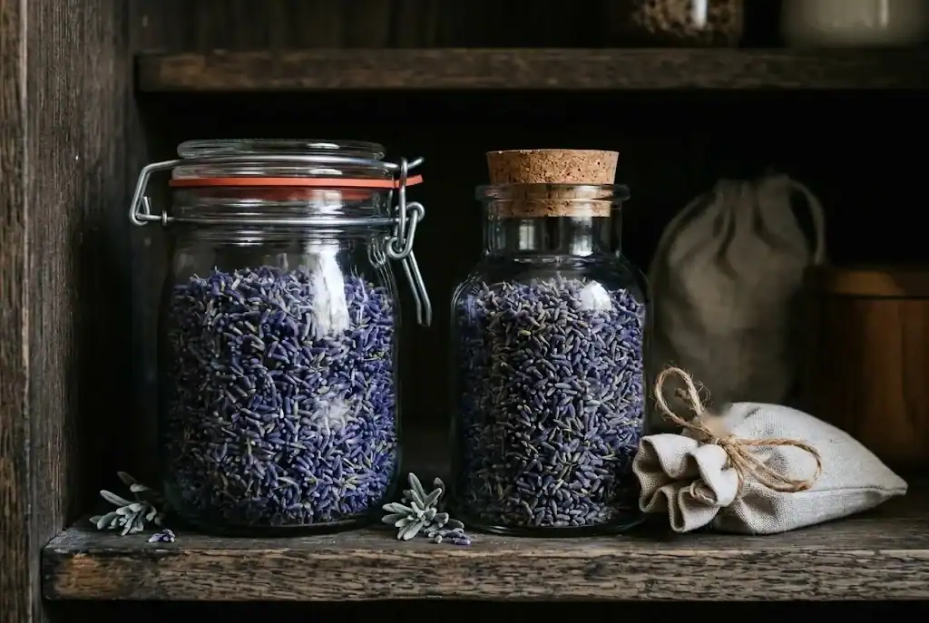 Airtight glass storage jars filled with dried lavender buds sitting inside a dark wooden pantry cabinet