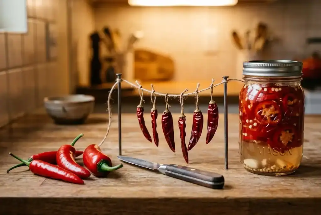 Three storage paths for ripe red chili peppers: drying on a kitchen twine, a glass jar of pickled sliced red peppers in vinegar, and a baking sheet of whole peppers for freezing