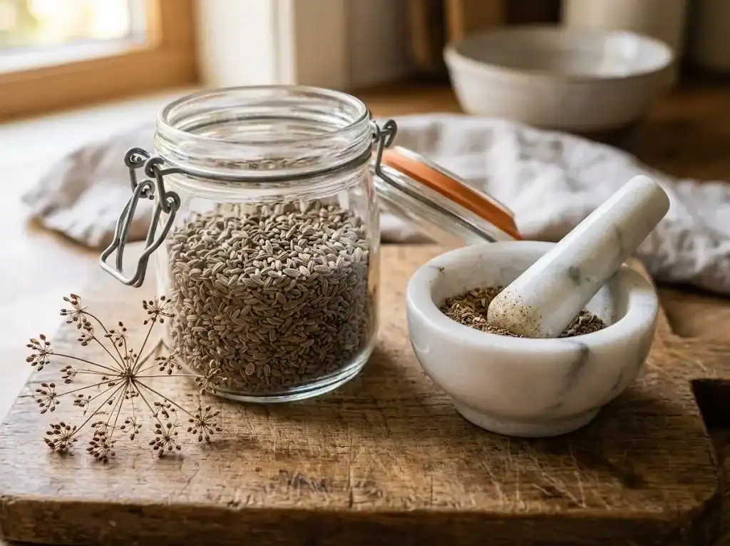 Airtight glass jar filled with whole dried anise seeds beside a mortar and pestle