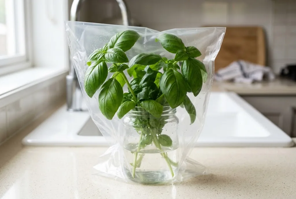 Freshly cut sweet basil stems stored in a glass jar of water with a plastic bag cover