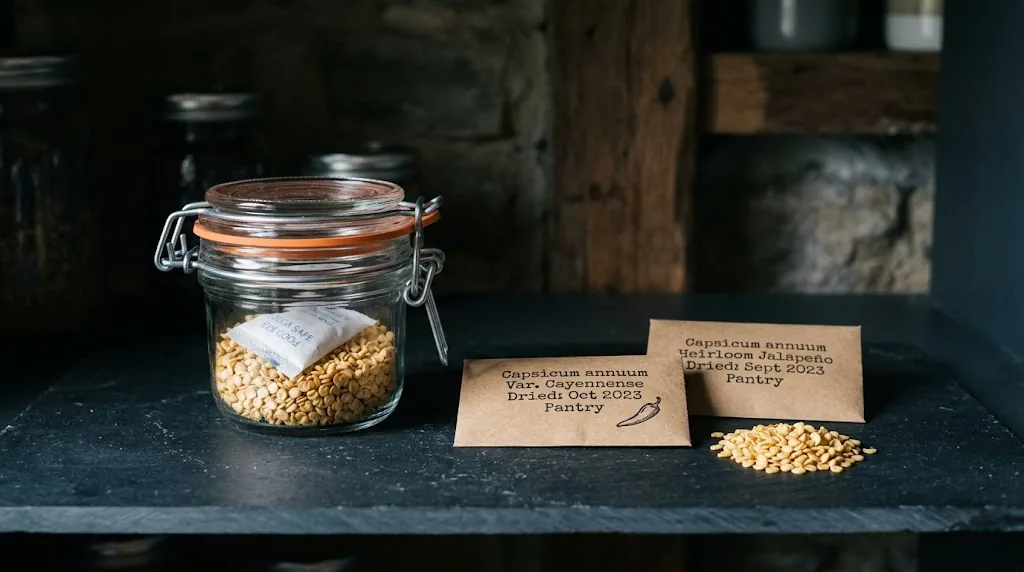 Small airtight glass seed storage jar with silica gel pack beside labeled brown paper seed envelopes on a dark shelf