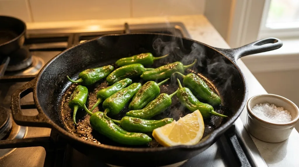 Small green Padron peppers blistered in a hot cast iron skillet on a stovetop with steam rising and a small ramekin of flaky sea salt beside