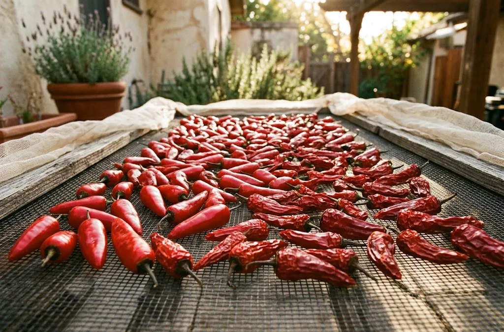 Ripe red Fresno peppers on a raised drying screen under cheesecloth