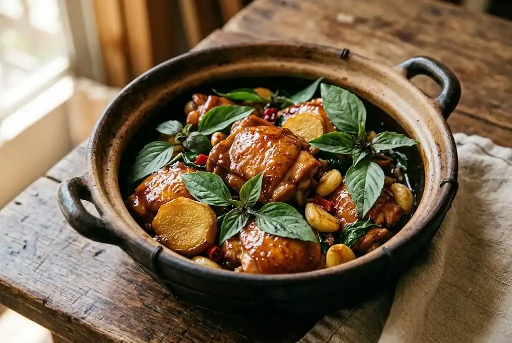 Taiwanese three-cup chicken san bei ji simmering in a clay pot with fresh Thai basil and caramelized ginger