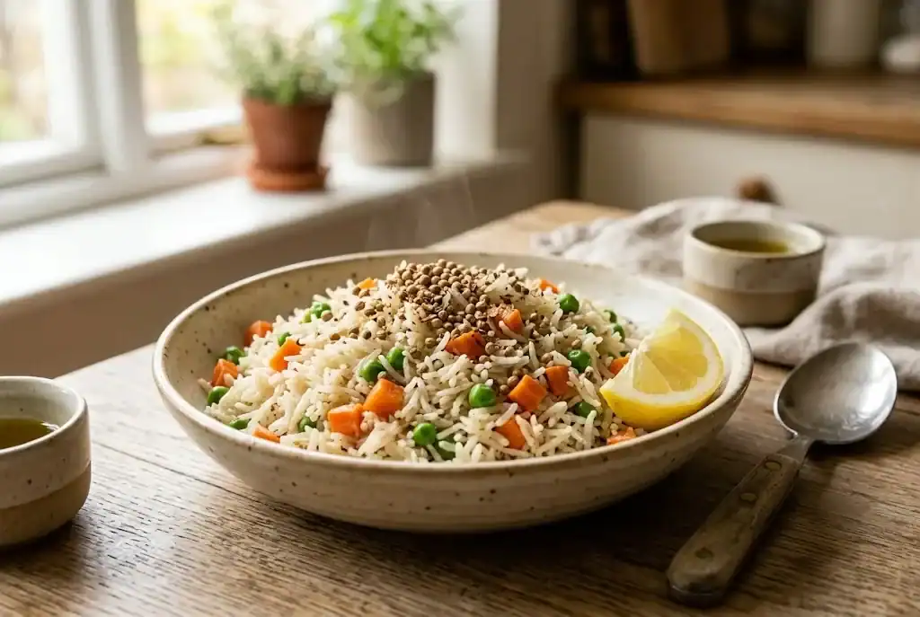 Rice with carrots and peas topped with toasted crushed seeds and a lemon wedge