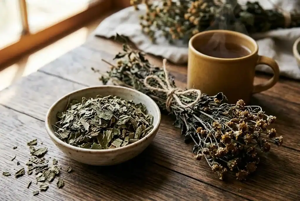 Dried Calea zacatechichi leaves and small yellow flower clusters on a rustic wooden surface with a ceramic cup of herbal tea