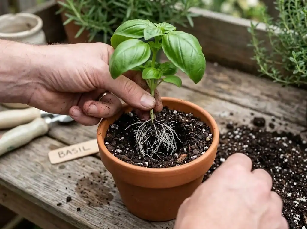 Healthy sweet basil seedling with fibrous roots being transplanted into an individual terracotta pot with fresh potting soil