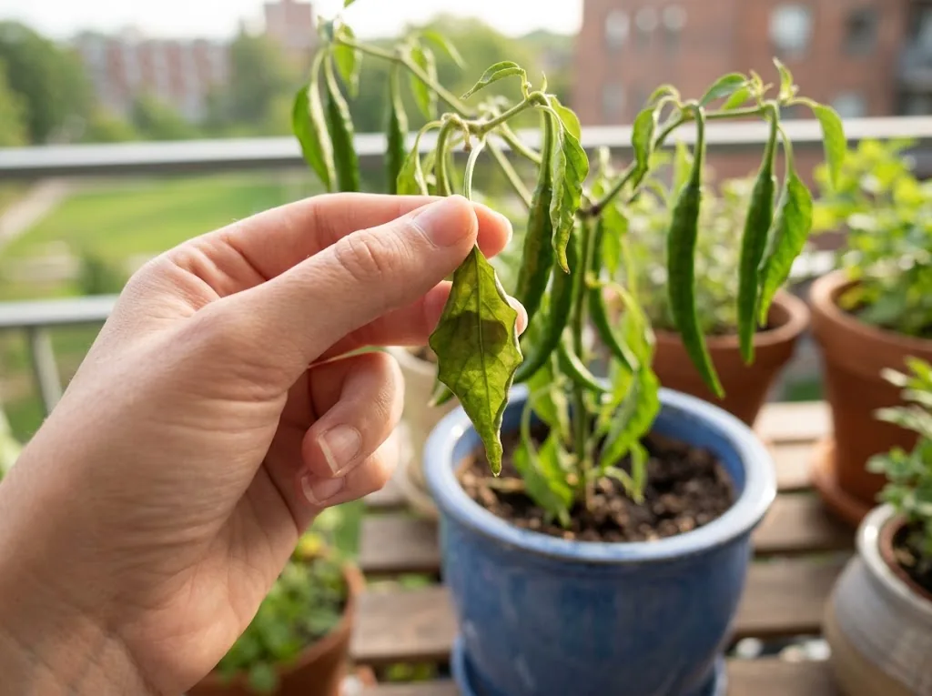 A hand holding a single drooping chili leaf with slightly crispy curled edges, with the rest of the slightly wilted plant in a glazed blue pot behind